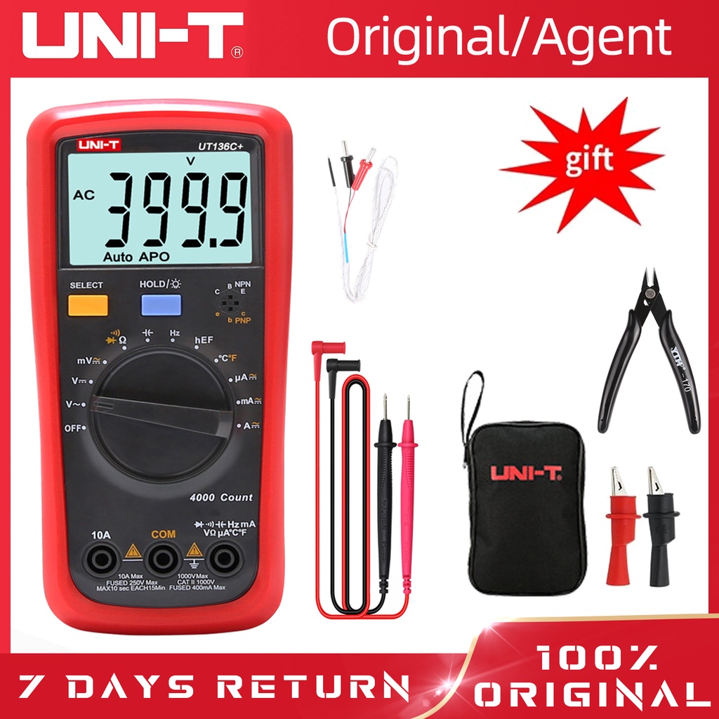 【100%Original Agent】UNI-T UT136B+ UT136C+ 1000V 10A Digital multimeter,Voltmeter Ammeter,resistance capacitance  Temp Tester LCD backlight  NCV