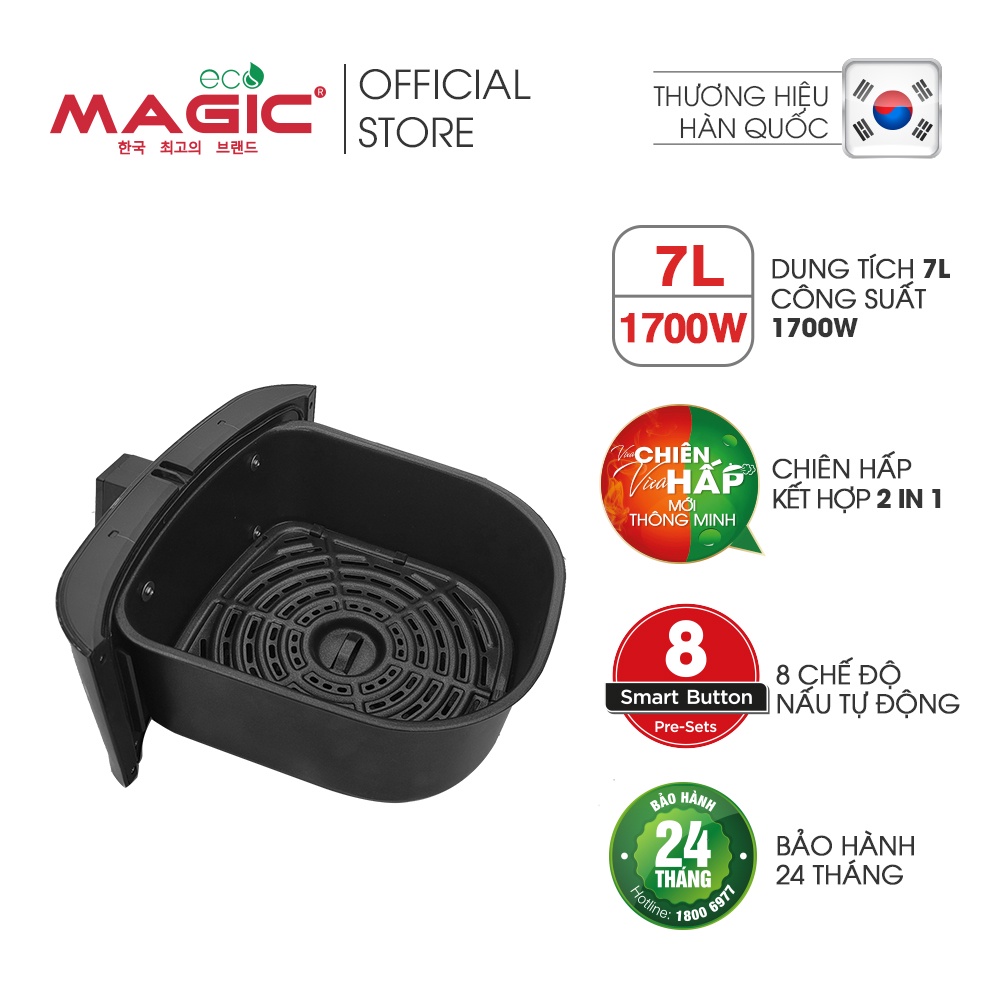 Nồi chiên không dầu kết hợp hấp Magic Eco S07 7L cho gia đình 8-10 người,8 chế độ chiên-hấp tự động,bảo hành chính hãng