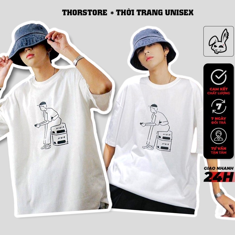 Áo thun tay lỡ nam nữ,in hình Kirin màu trắng