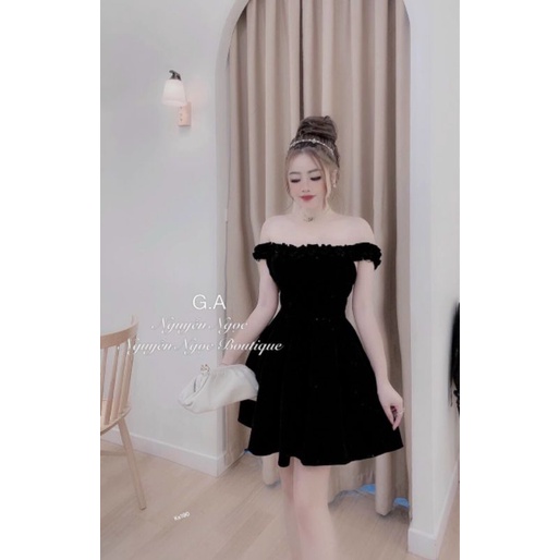 Đầm Nhung trễ vai xoè ly hộp.Váy Nhung trễ vai xoè đẹp.