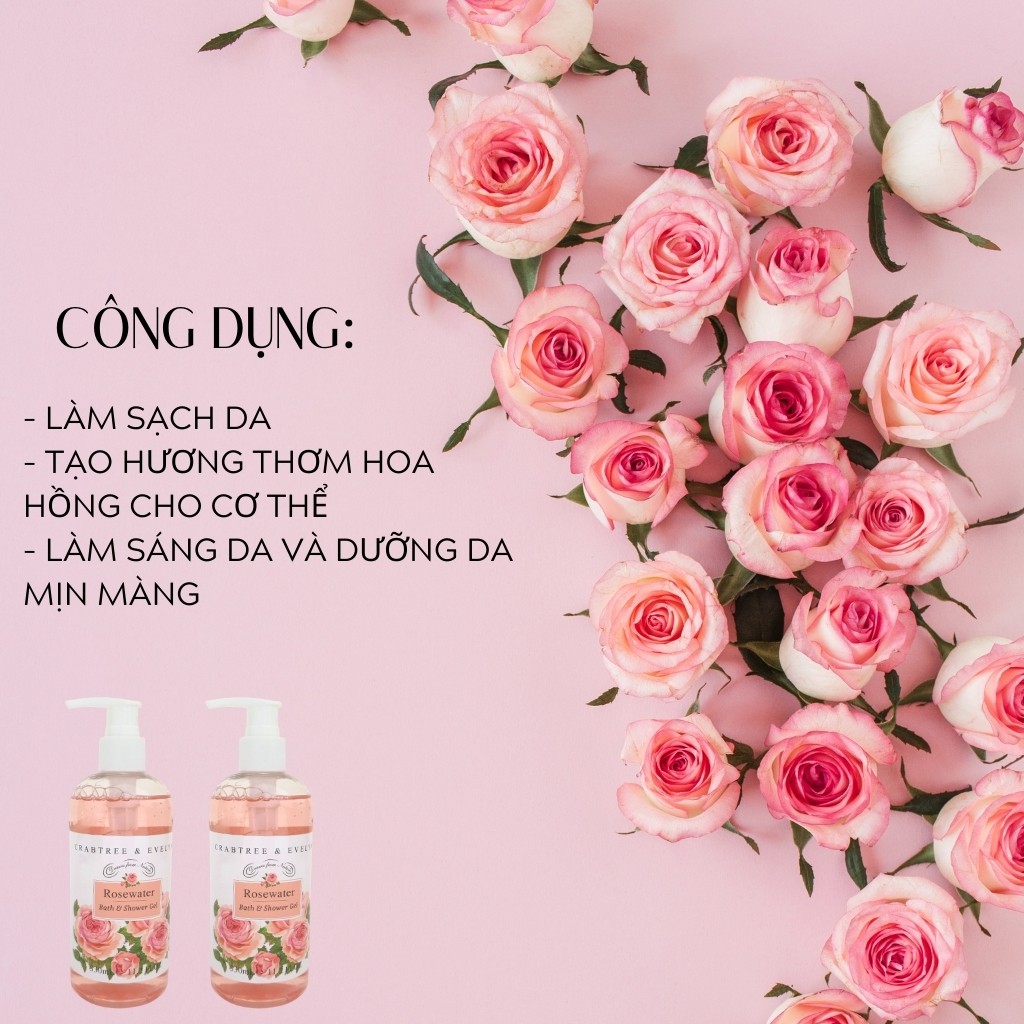 Sữa Tắm CRABTREE &amp; EVELYN Dưỡng Da Trắng Sáng Mềm Mịn Hương Hoa Hồng Tự Nhiên (330ml)