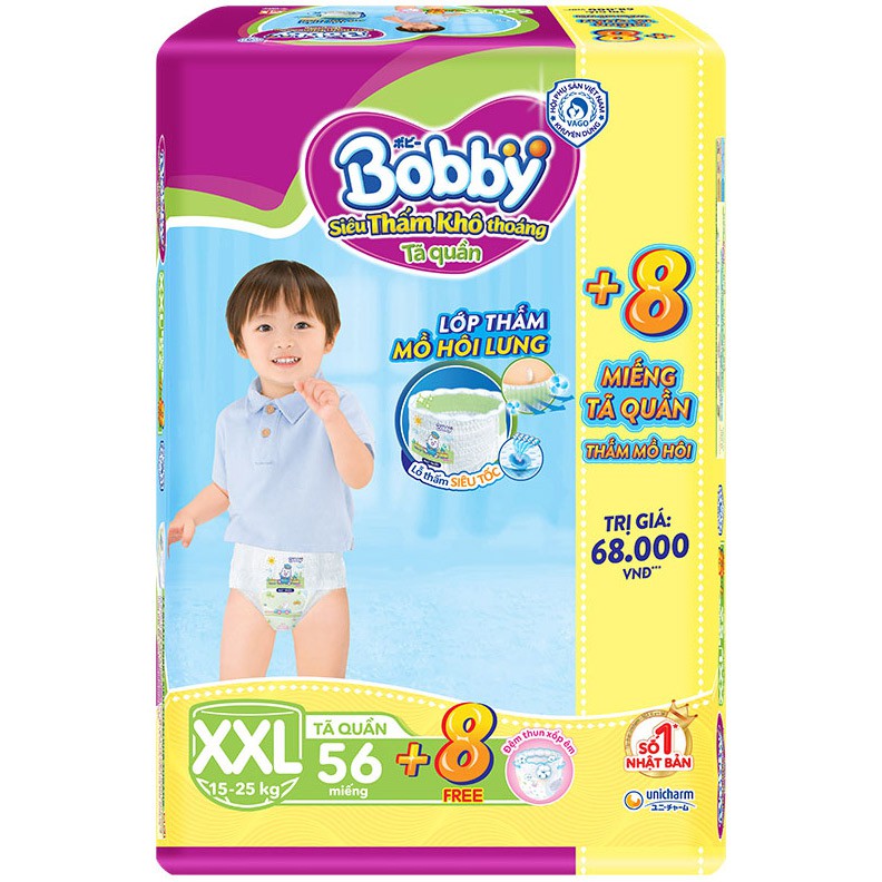 Tã Quần Bobby Size XXL 56 Miếng(Khuyến Mãi Tặng Thêm 8 Miếng)
