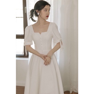Đầm vintage công chúa trắng cổ khoá nút bọc dáng xoè dài (kèm hình thật)