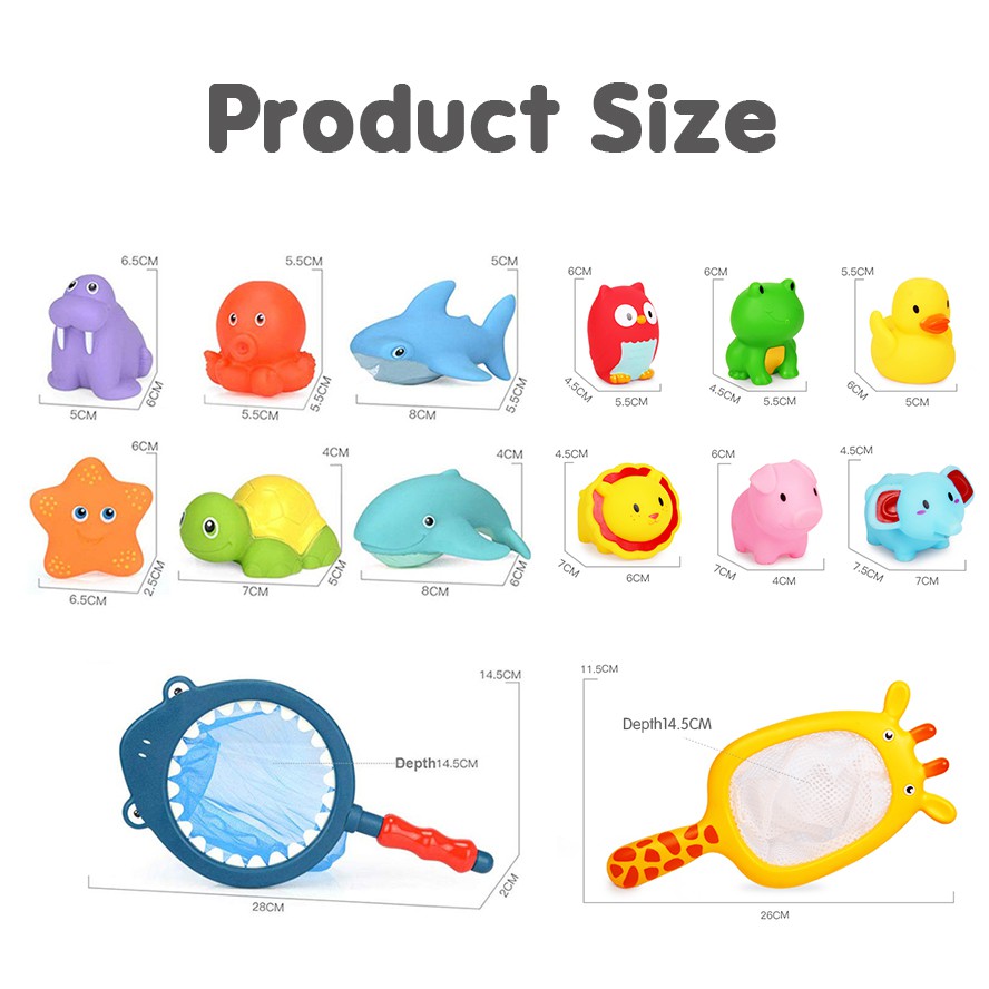 Đồ Chơi Nhà Tắm Bộ 7 thú thả bồn tắm bóp phun nước kèm vợt Nhiều Màu- keo mềm