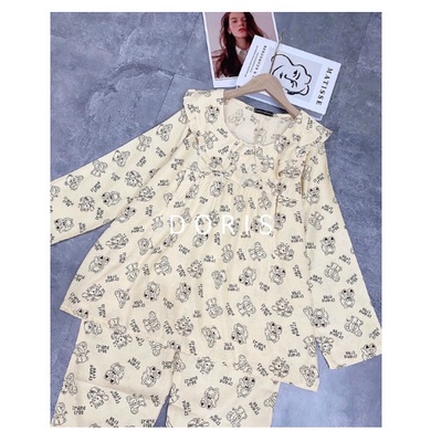Bộ đồ bầu Pyjama cổ sen _ B068 chất đũi lạnh và cho con bú khoá ngực tiện lợi