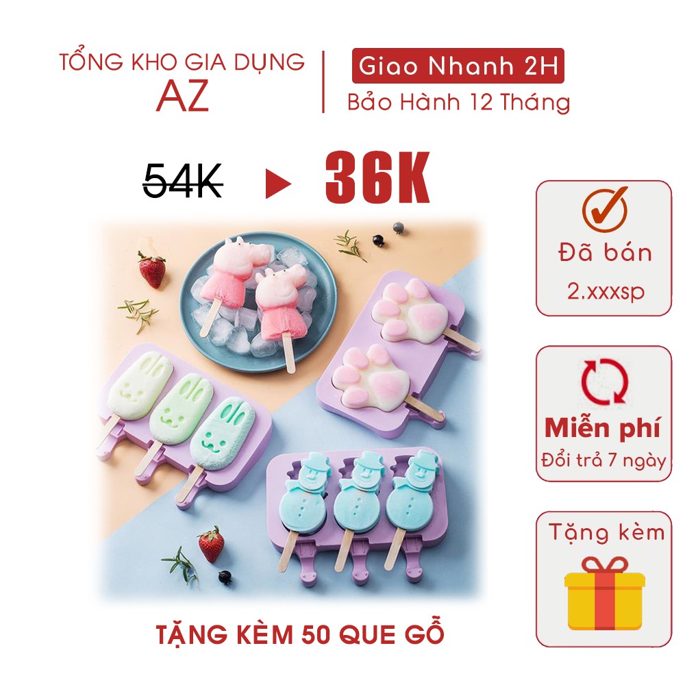 Khuôn làm kem hoạt hình 3 ngăn bằng silicone an toàn cho sức khỏe.( Tặng Kèm 50 que gỗ)