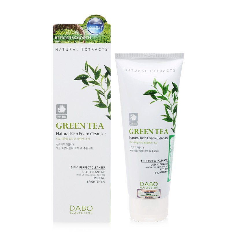 Sữa Rửa Mặt Trà Xanh Dabo Green Tea Natural Rich Foam 3in1 - Cleanser 180ml Chính Hãng Hàn Quốc