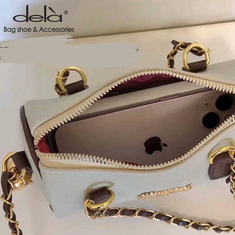 Dela Túi Xách Da Lộn Mềm Mại Phối Dây Xích Kim Cương Màu Be Phong Cách retro Cao Cấp Phù Hợp Với Nữ