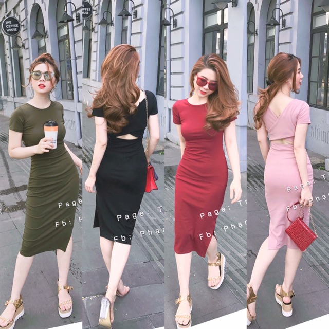 ĐẦM THUN ÔM XẺ HÔNG DÂY LƯNG CHÉO