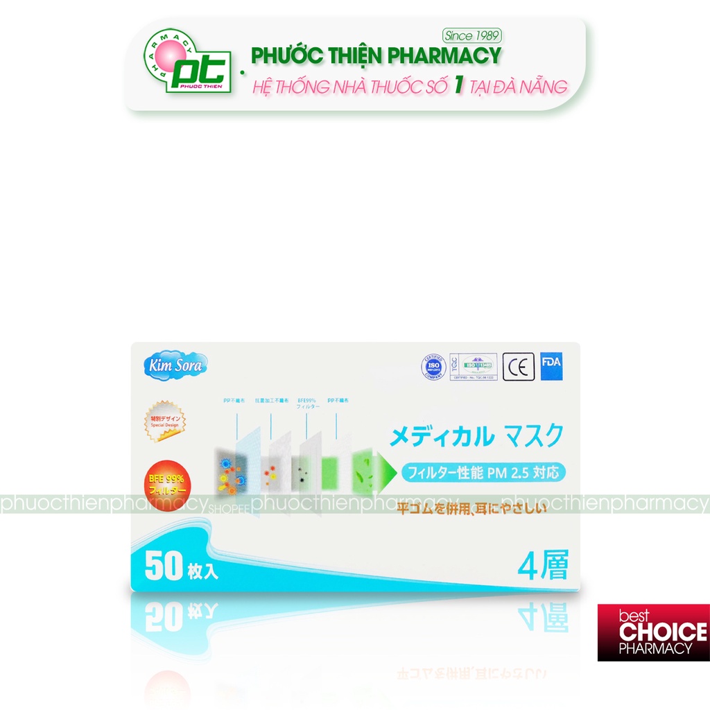 Khẩu Trang Y Tế Kimsora Loại 4 Lớp Màu Xanh, Trắng Hộp 50 Cái - Kim Sora