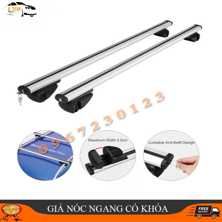 Cặp giá nóc ngang, baga mui chở hàng trên xe ô tô có khóa thanh hợp kim chịu được tải trọng tốt