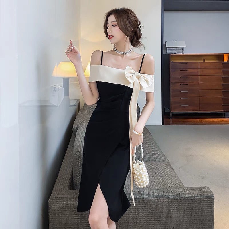 Pure lust little sexy goddess dress 2022 summer new one-word halter irregular skinny black dress