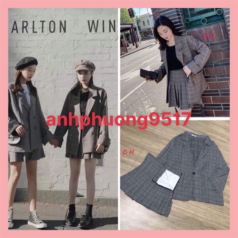 Sét vest váy xếp ly kẻ có ảnh thật spÁo khoác kẻ có cúc mix chân váy kẻ 2 lớpbên trong có quần, chân váy có khoá hông