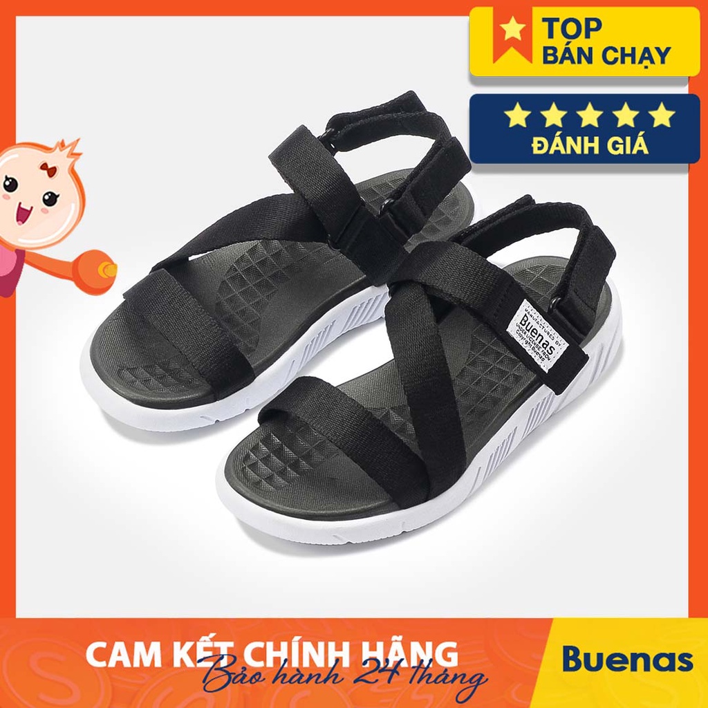 Giày sandal nam nữ đi học Buenas S6 - đen trắng - xăng đan dép quai chéo chính hãng đế bằng