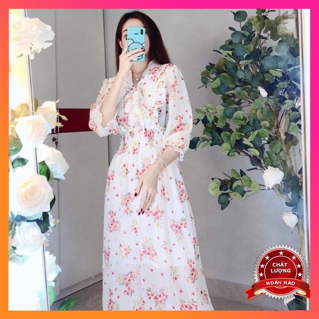 Đầm Maxi đi biển Hoa nhí DH002, thắt nơ cổ, tay lỡ, eo nhún nữ tính | BigBuy360 - bigbuy360.vn