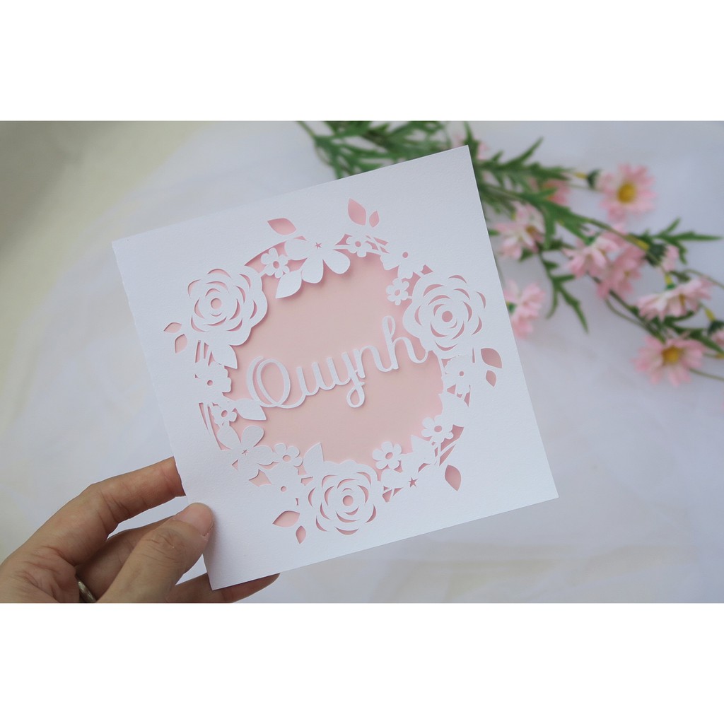 🌿Thiệp cắt giấy Tên riêng theo yêu cầu mẫu Hoa lá SQ03