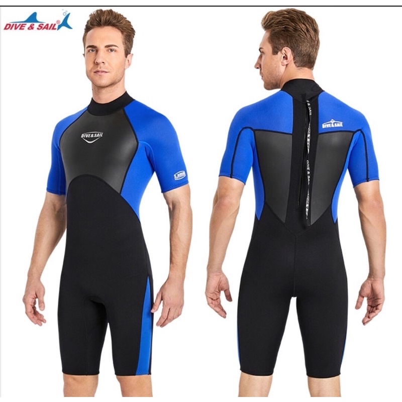 Đồ bơi giữ nhiệt dày 2mm cho nam hiệu Dive & Sail, D232075M màu đen phối xanh tay ngắn