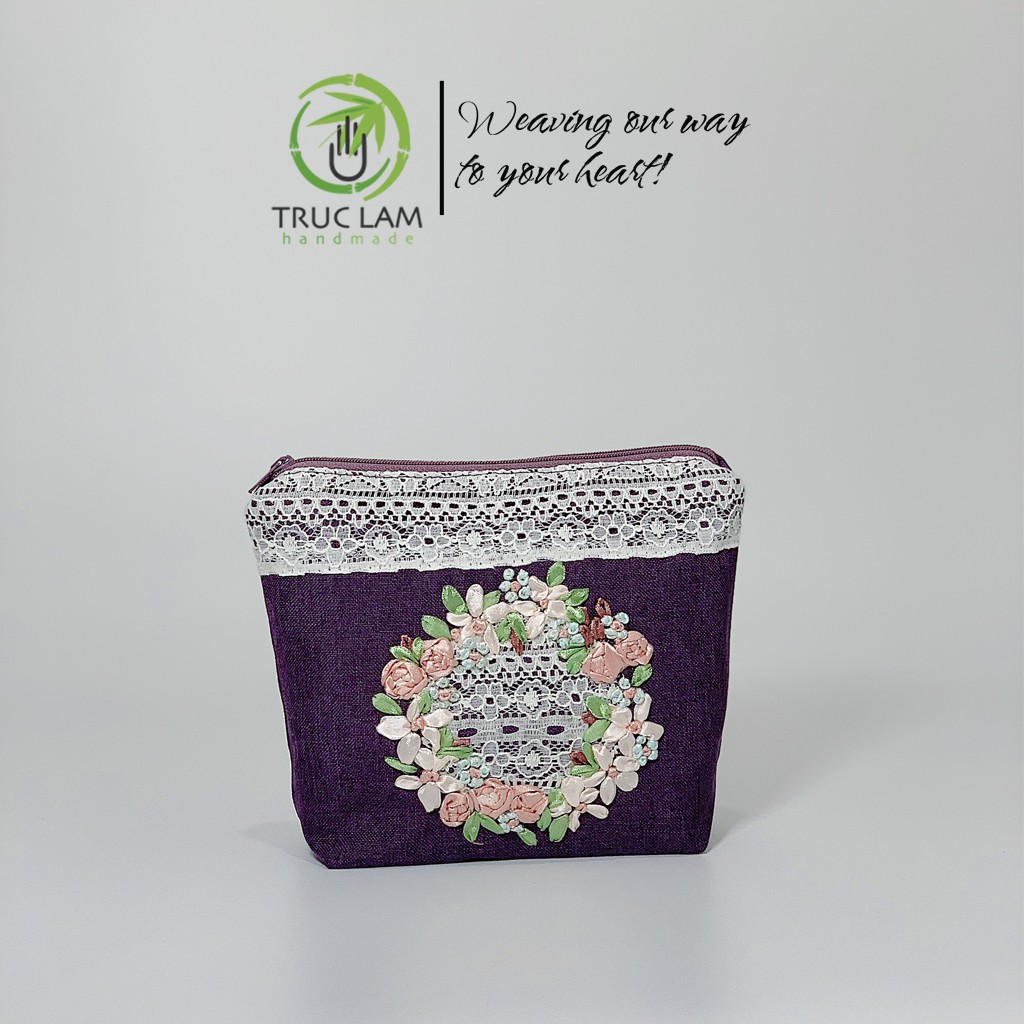 Ví Cầm Tay Nữ Thêu Ruy Băng Họa Tiết Hoa Phối Ren - Trúc Lâm Handmade