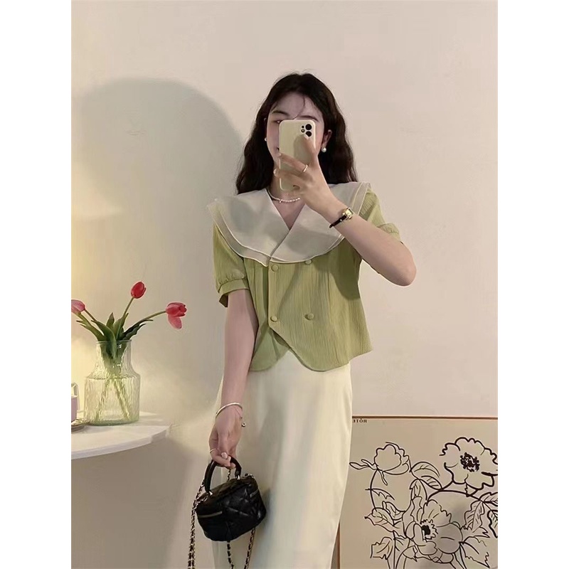 Áo Sơ Mi Ngắn Tay Phối Nơ Xinh Xắn Theo Phong Cách Pháp