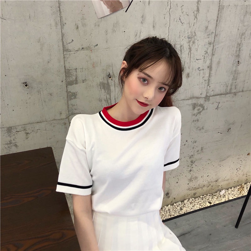 AMOI Áo Thun Tay Ngắn Cổ Tròn Màu Sắc Tương Phản Phong Cách Retro Dành Cho Nữ