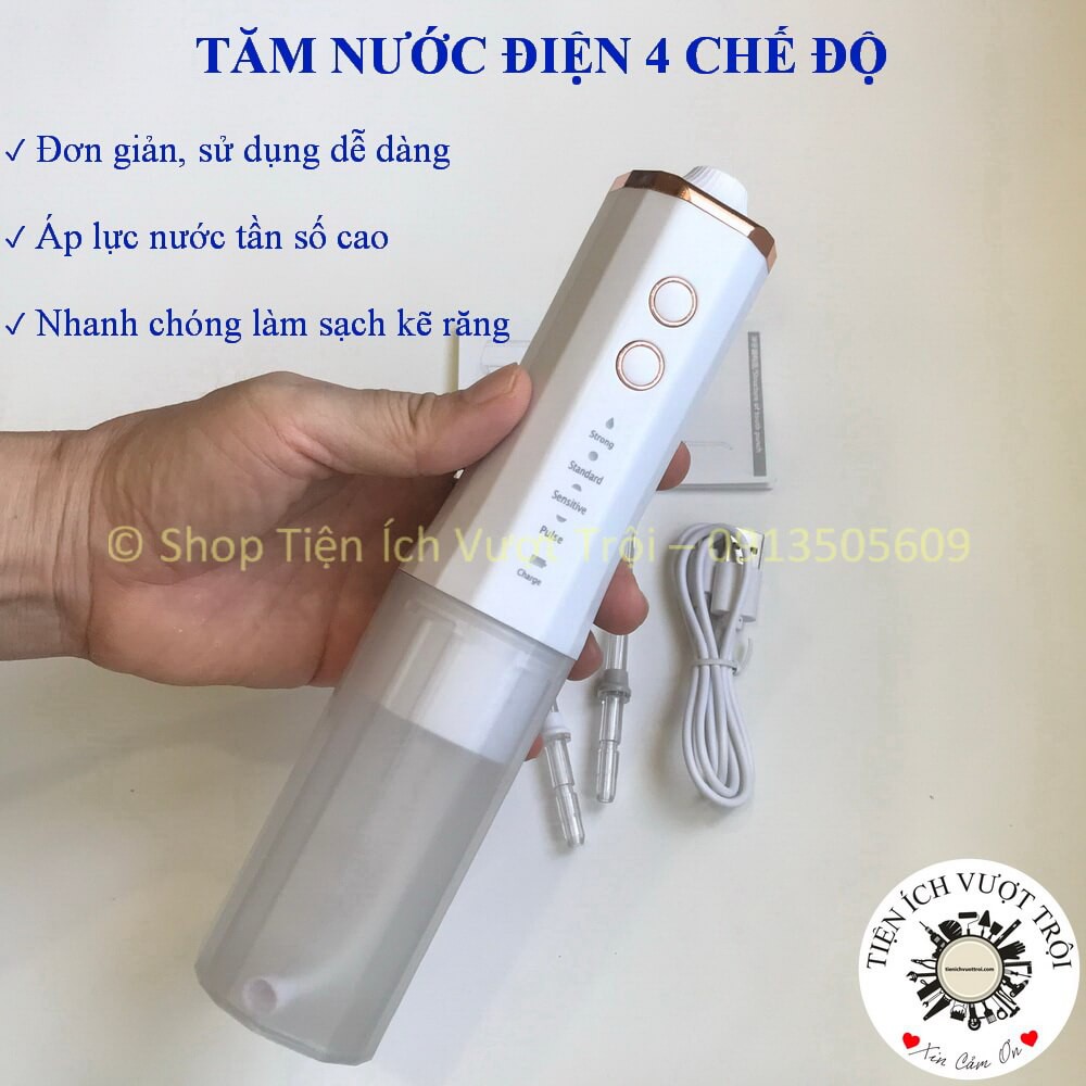 Tăm nước động cơ điện 4 chế độ cho mọi nhu cầu sử dụng, làm sạch kẽ răng, chống hình thành cao răng-Tiện Ích Vượt Trội