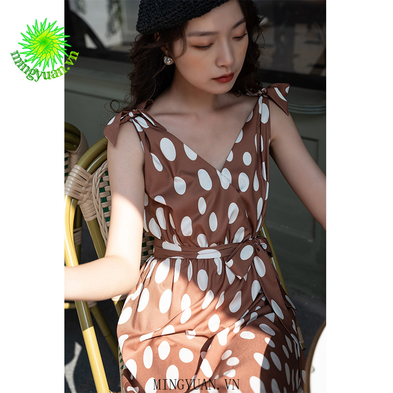 ( Mingyuan ) New V-neck polka dot elastic waist sling with belt dress