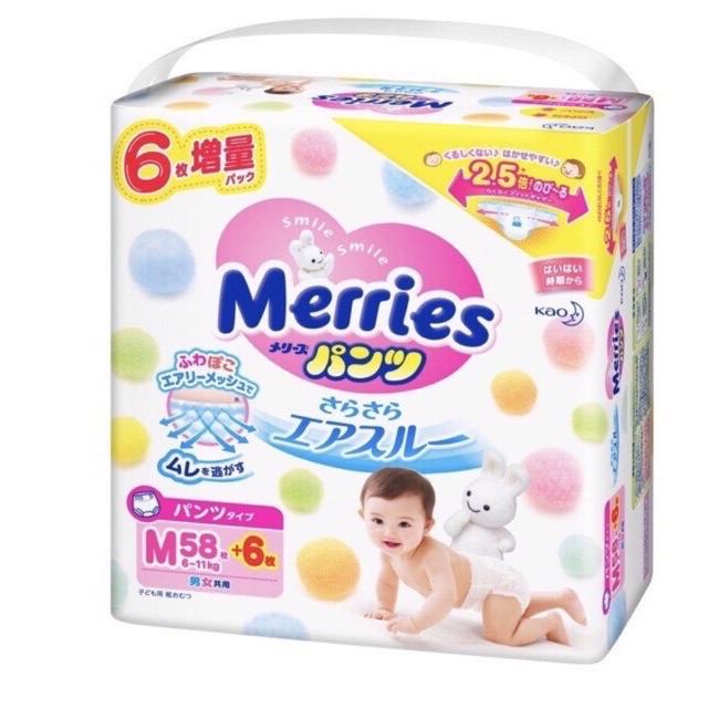 Tã quần Merries size M cộng miếng 64m