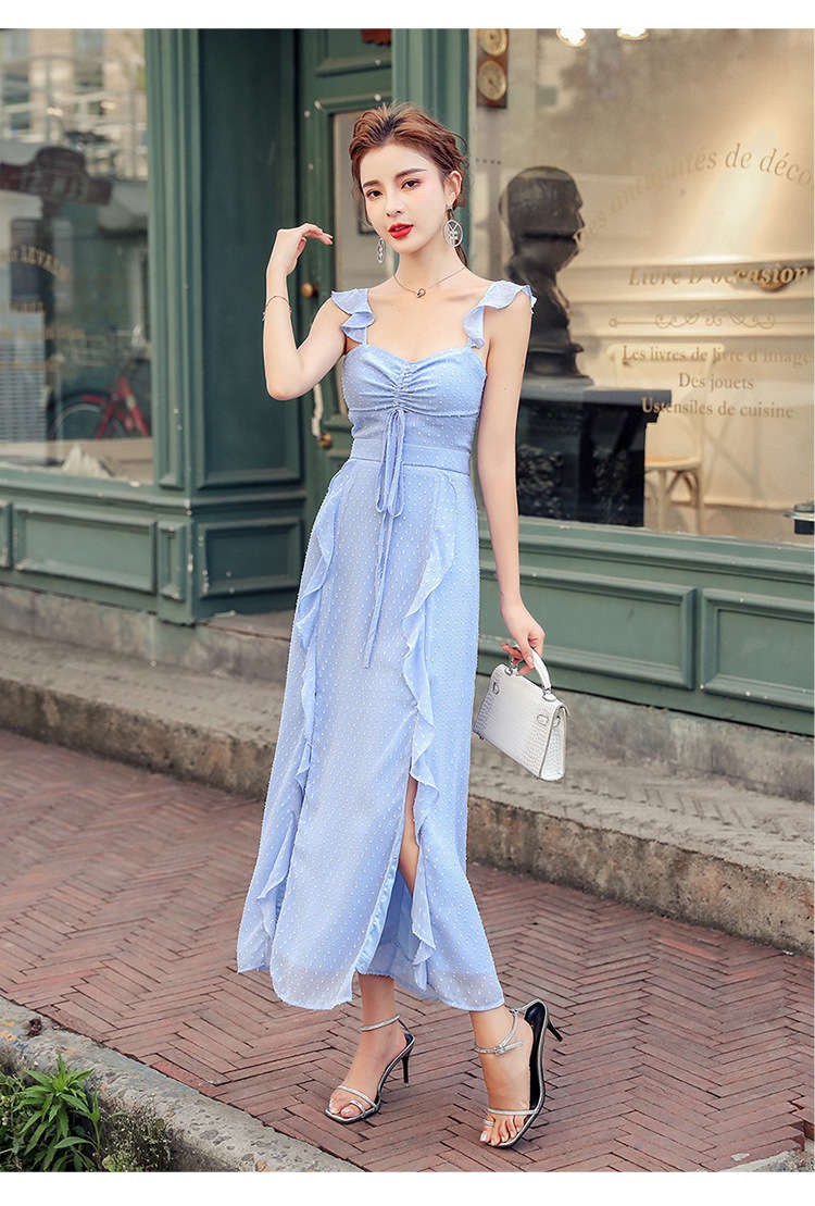 Đầm Hai Dây Vải Chiffon Họa Tiết Chấm Bi Thiết Kế Xẻ Tà Thời Trang Quyến Rũ Cho Nữ