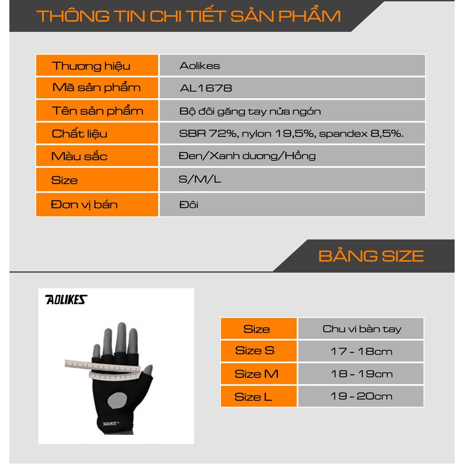 Găng Tay Tập Gym Hở Ngón Aolikes Al 1678 , Bảo Vệ Bàn Tay Chống Trượt, Chống Chai Tay Chuyên Gym Chính Hãng