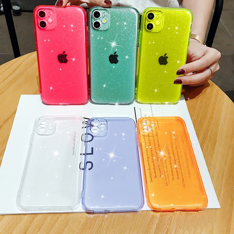 Ốp điện thoại silicon mềm phối kim tuyến cho Neon Fluorescent Color Case for iPhone 12 Pro Max 12 Mini Soft TPU Silicone Phone Case For iPhone 6 6s 7 8 Plus SE 11 Pro XR X XS Max Transperant Back Cover