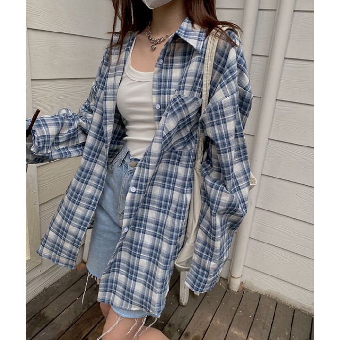Áo Sơ Mi Caro Tay Dài Dáng Rộng Trẻ Trung Phong Cách Hàn Quốc Cho Bạn Gái