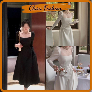 Váy cổ vuông nhúm eo dáng dài 2 màu tiểu thư có ảnh thật clara siêu xinh