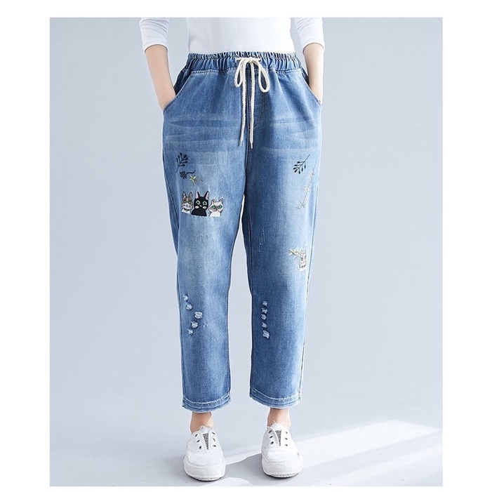 Quần jean baggy big size lưng thun túi to hình mèo size đại 70-110kg