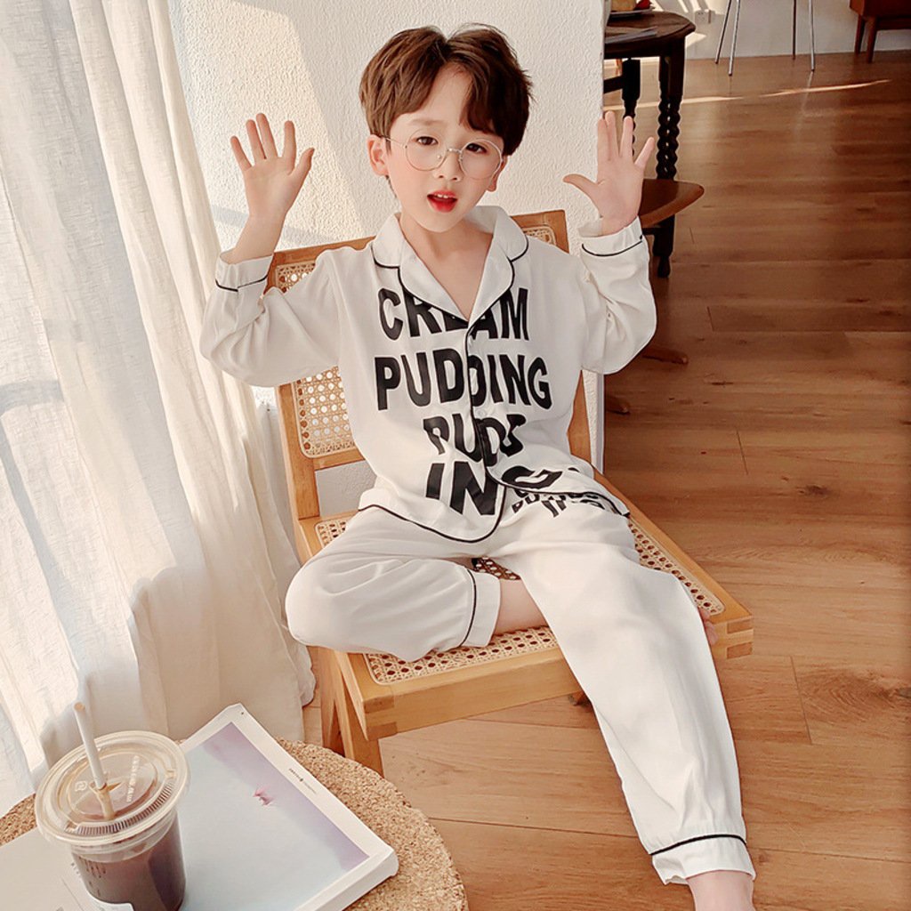 Pijama chất lụa in chữ dài tay cho bé, Bộ ngủ dài tay cho bé trai và bé gái từ 6 - 28kg MINKY SOON