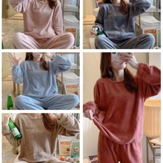 Bộ Đồ Ngủ Pijama Nữ Thêu Chữ Phong Cách Hàn Quốc Giữ Ấm Mùa Đông