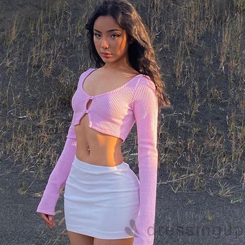 Áo Croptop Tay Dài Cổ Chữ V Phối Nút Màu Sắc Đơn Giản Cho Nữ