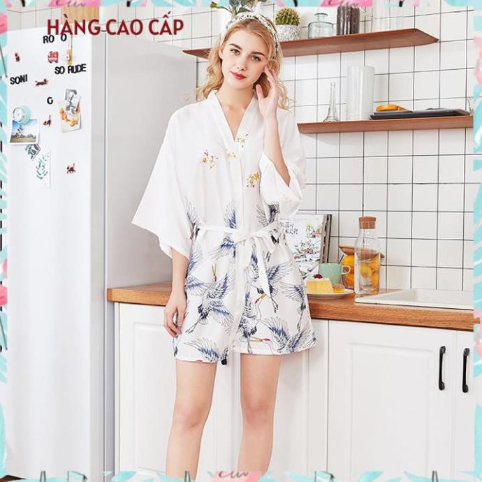 Áo choàng ngủ lụa cao cấp kiểu kimono in hình chim hạt sang trọng Thư Thư [HÀNG CAO CẤP]