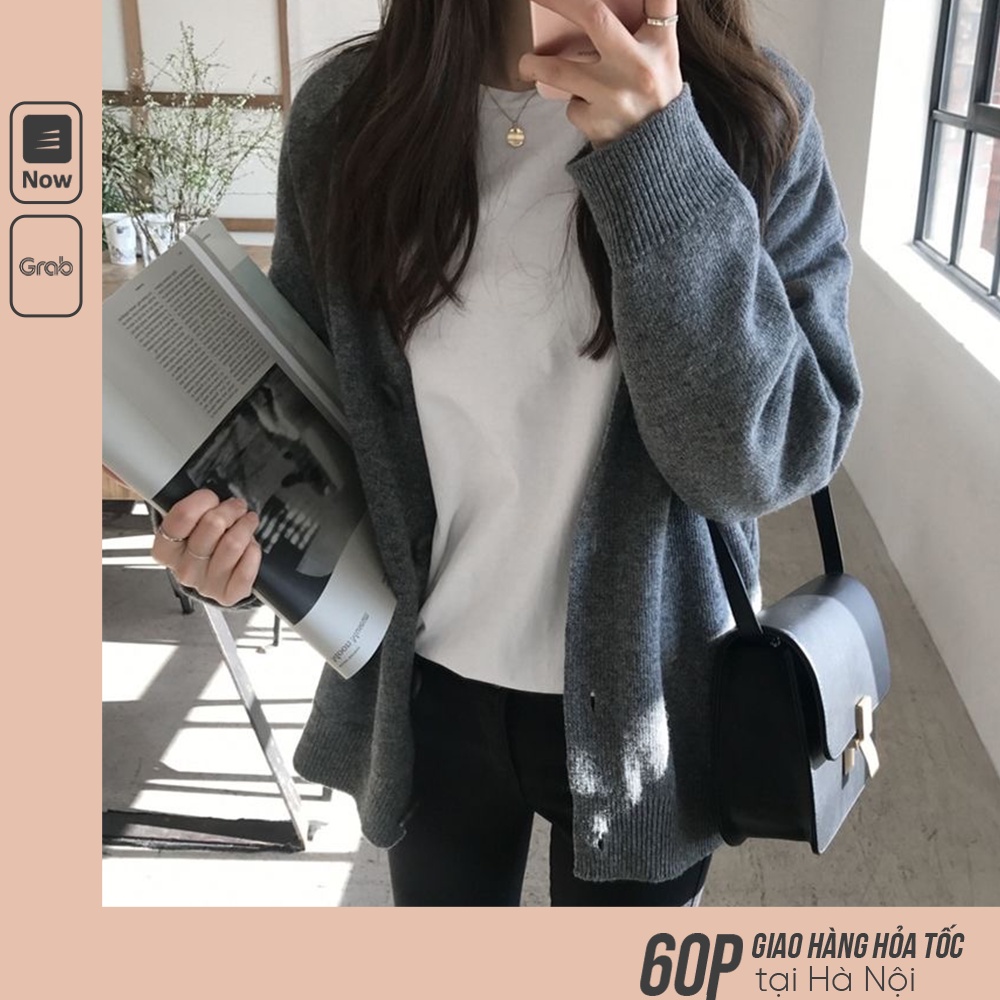 Áo khoác len cardigan nữ dáng lửng dài tay cài cúc dáng rộng oversize cổ v dày dặn A00015