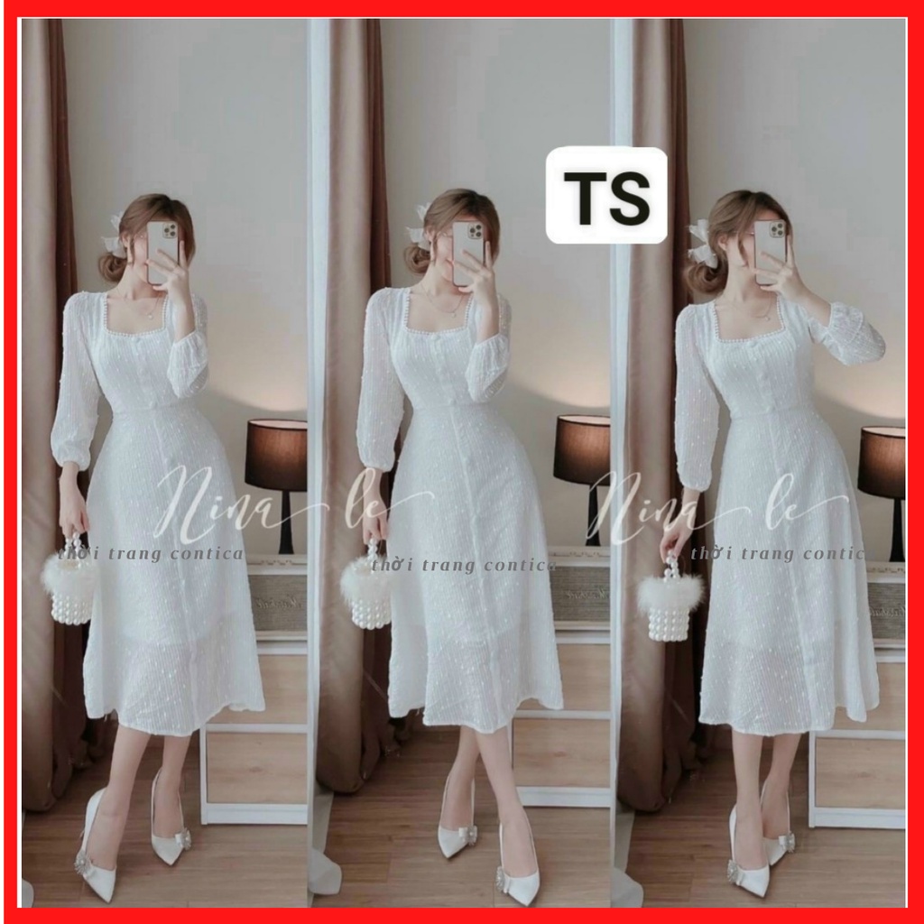 váy.thiết kế.đầm dự tiệc cổ vuông bo ống tay đính ngọc ngực.