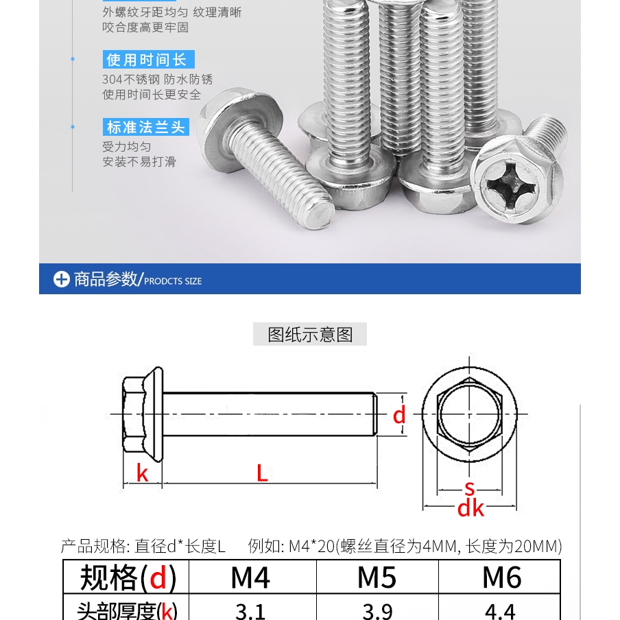 Bu lông lục giác bằng thép không gỉ 304 M4 / M5 / M6