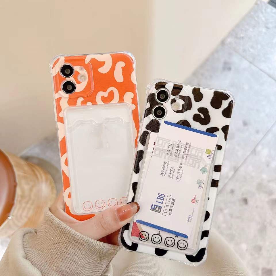 Ốp Điện Thoại Silicon Mềm Trong Suốt Họa Tiết Bò Sữa Có Ngăn Đựng Thẻ Cho iPhone 14 13 12 11 Pro X XS Max XR 7 8 Plus SE