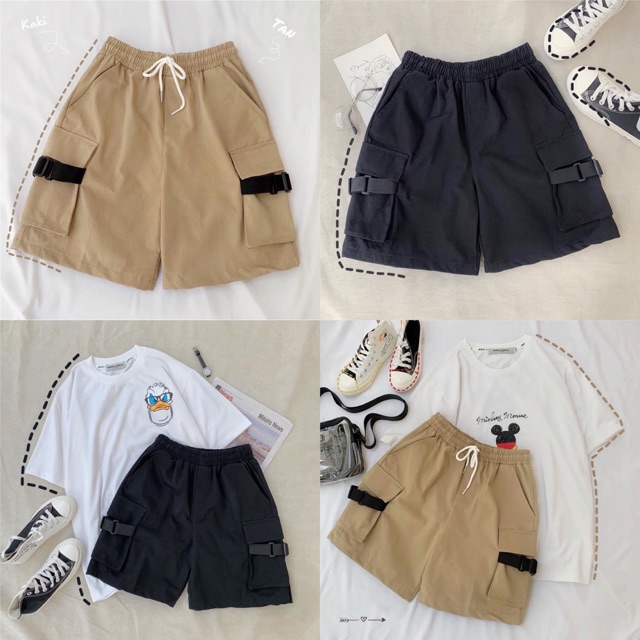 Quần short kaki túi hộp phối dây ngang streetwear