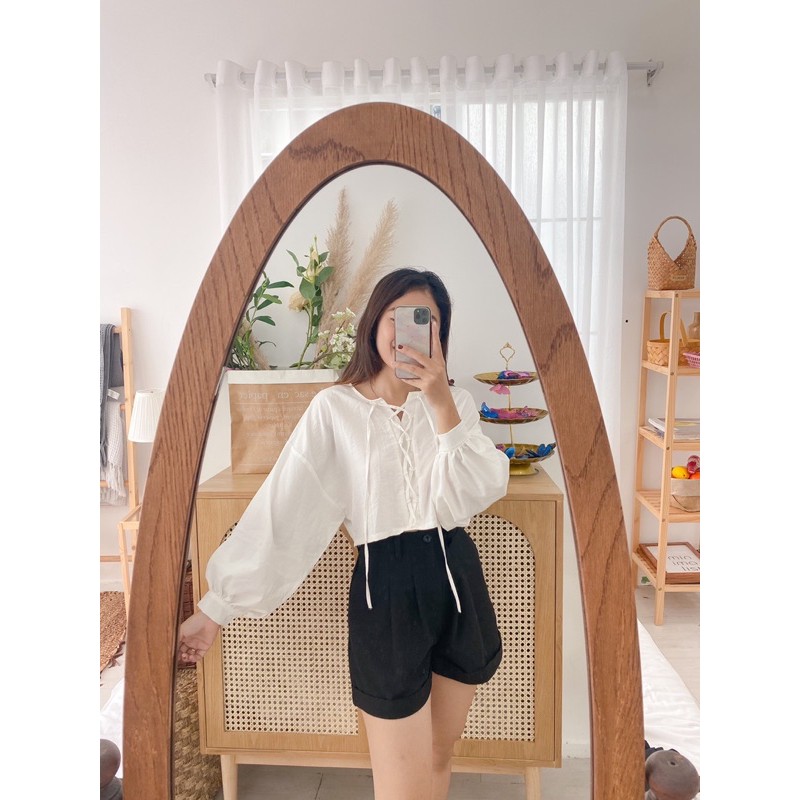 Áo croptop tay phồng form rộng, đan dây braided shirt LUCETFASHION, áo kiểu nữ tay dài