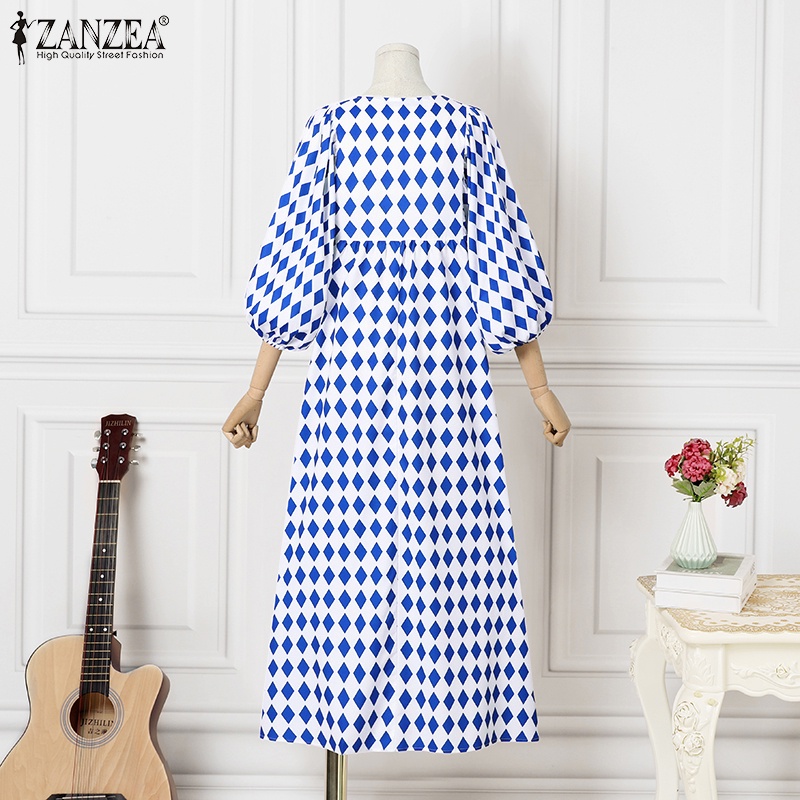 Đầm ZANZEA cổ tròn tay 3/4 họa tiết hình thoi phong cách Châu Âu cho nữ