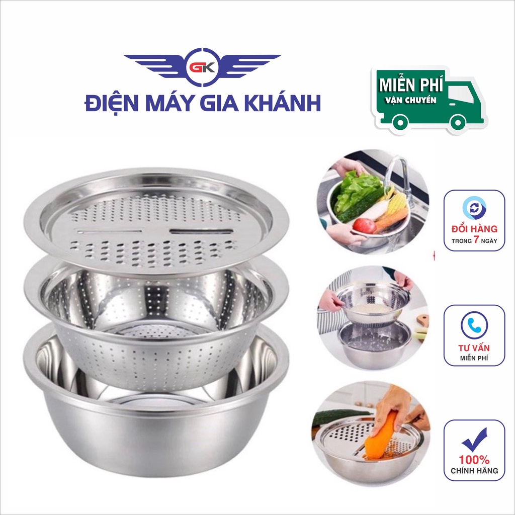 Bộ Rổ Nạo Rau Củ Quả Đa Năng Inox 3 in 1 - Bộ Rổ Nạo Củ Quả Kèm Chậu hàng đẹp