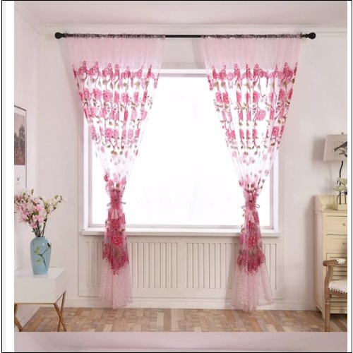 Bộ Rèm voan Mỏng Hoa Phối Lá trang trí Cửa Sổ Bằng Vải Tuyn, sủ dụng ống treo, bộ 2 rèm