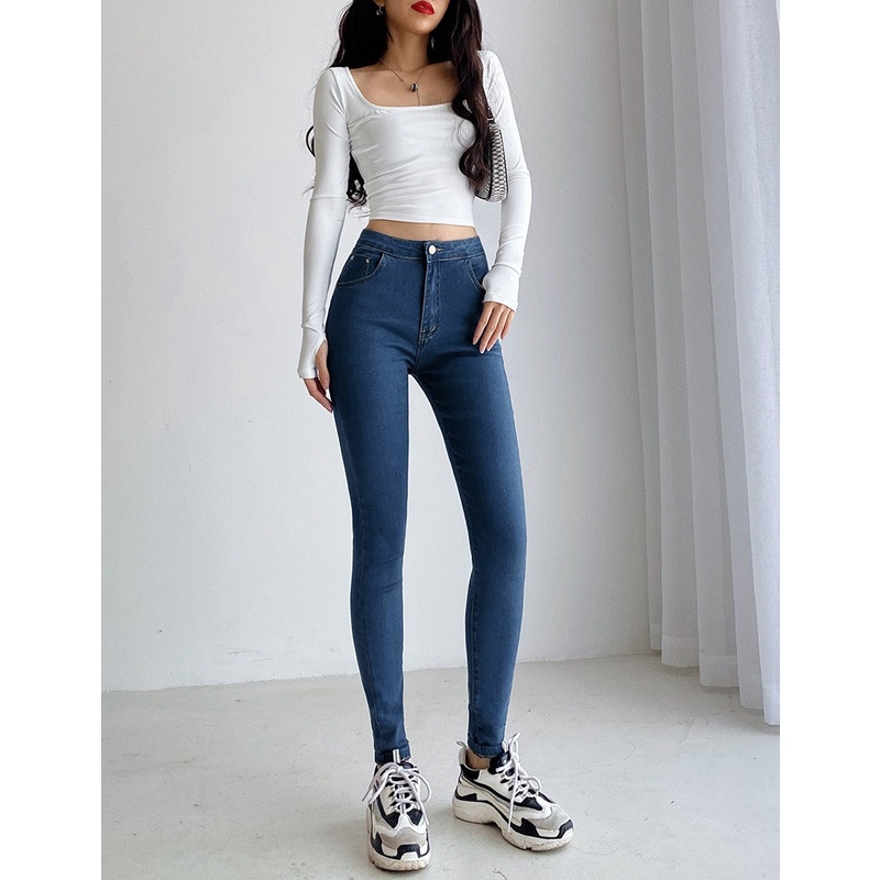 Quần jean nữ lưng cao co giãn có túi CHERRY, quần bò cạp cao bigsize skinny jeans dáng ôm trơn dài T022