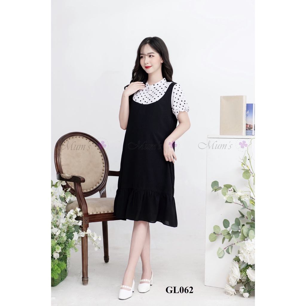 ĐẦM BẦU CÔNG SỞ MUM'S SHOP  FREESHIP  Váy bầu xinh mùa hè voan đen chấm bi cổ tàu