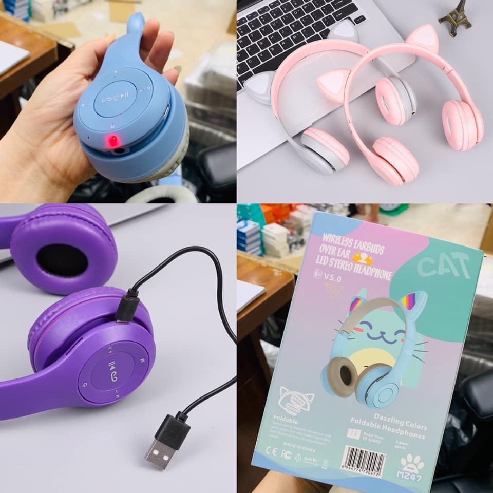 Tai nghe Bluetooth MZ47  Tai nghe gắn tai mèo cu te, Phát sáng đèn đầy màu sắc, Tai nghe LED