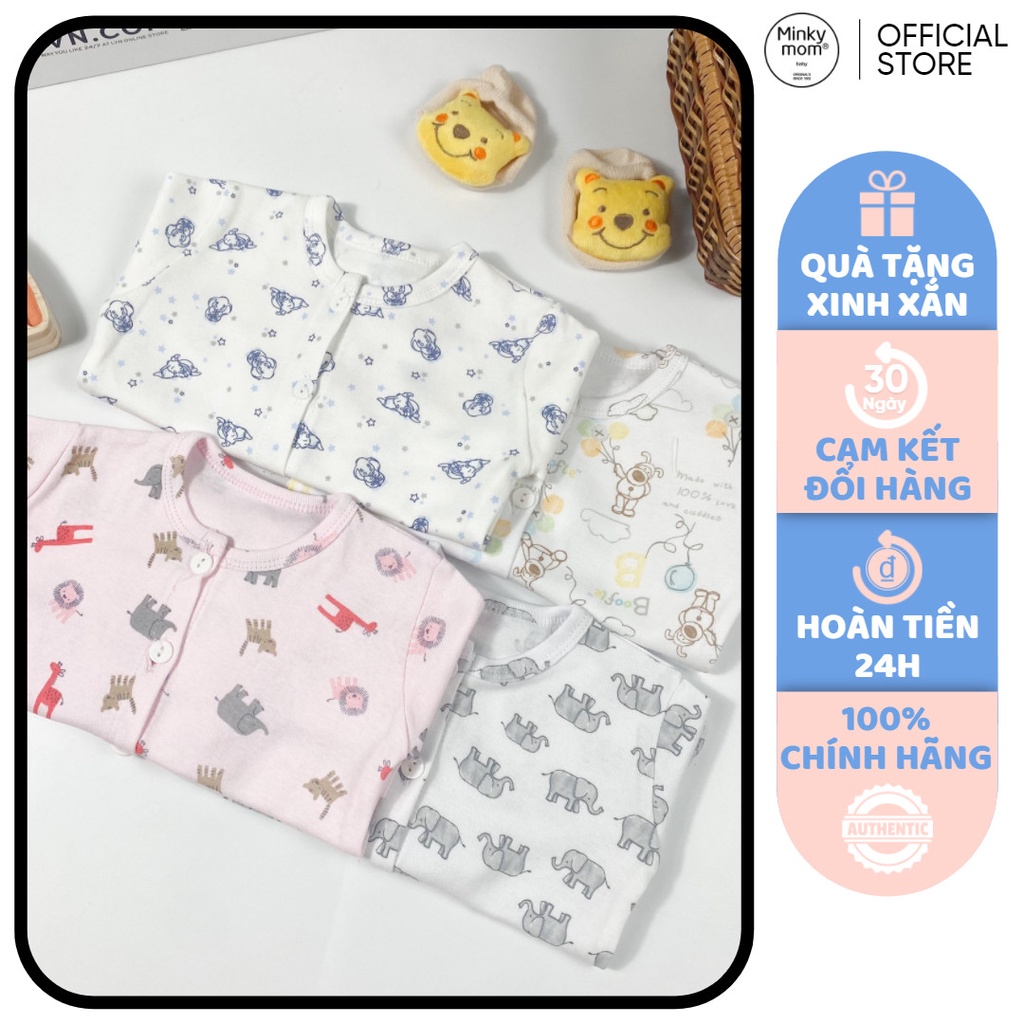 [SALE] Bộ Sơ Sinh Cho Bé Trai, Bé Gái Minky Mom Vải Cotton Borip Động Vật, Bộ Dài Tay Cho Bé MKMSS2104